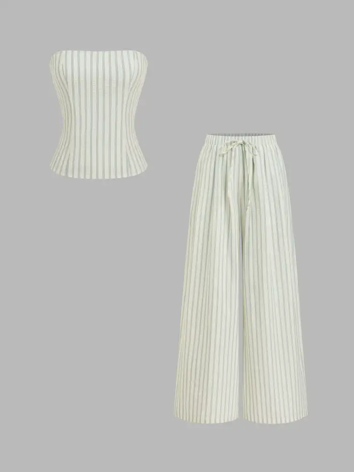 Solid Button Tube Top With Mid Rise Solid Wide Leg Trousers