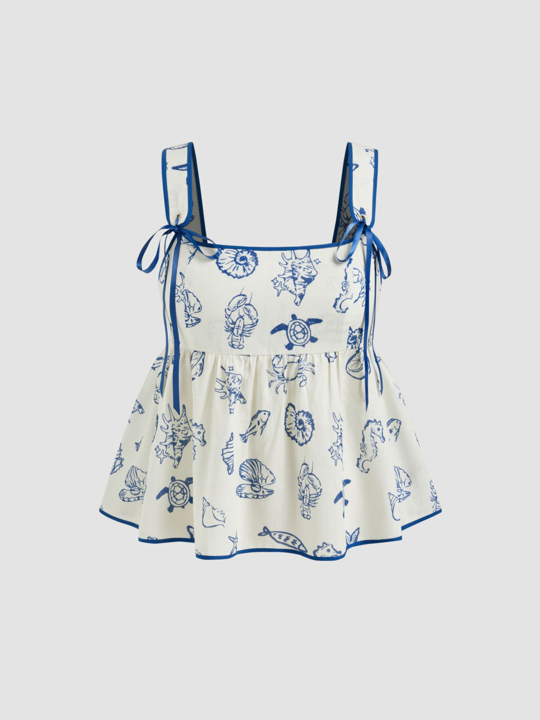 Square Neck Contrasting Binding Graphic Knotted Ruffle Hem Cami Top Curve & Plus