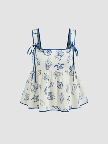 Quadratischer Hals mit kontrastierenden Borten, grafischer Knoten und Spitzenrand, Camisole Kurve & Plus