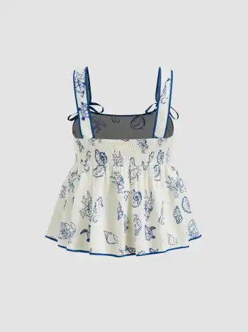Quadratischer Hals mit kontrastierenden Borten, grafischer Knoten und Spitzenrand, Camisole Kurve & Plus