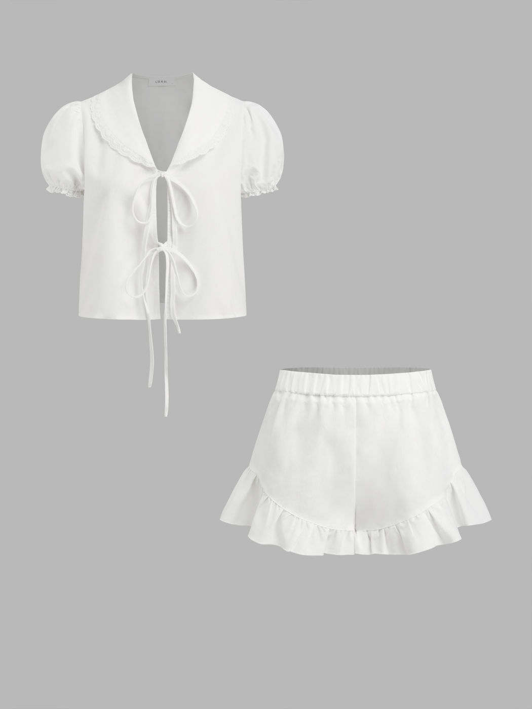 Linen-blend V-neck Tie Front Puff Sleeve Top & Mid Rise Ruffle Hem Shorts Loungewear Set