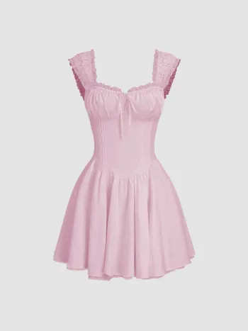 Sweetheart Lettuce Trim Ruffle Knotted Mini Dress
