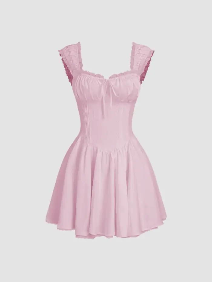 Satin Satin Square Neck Solid Ruffle Knotted Mini Dress For Date