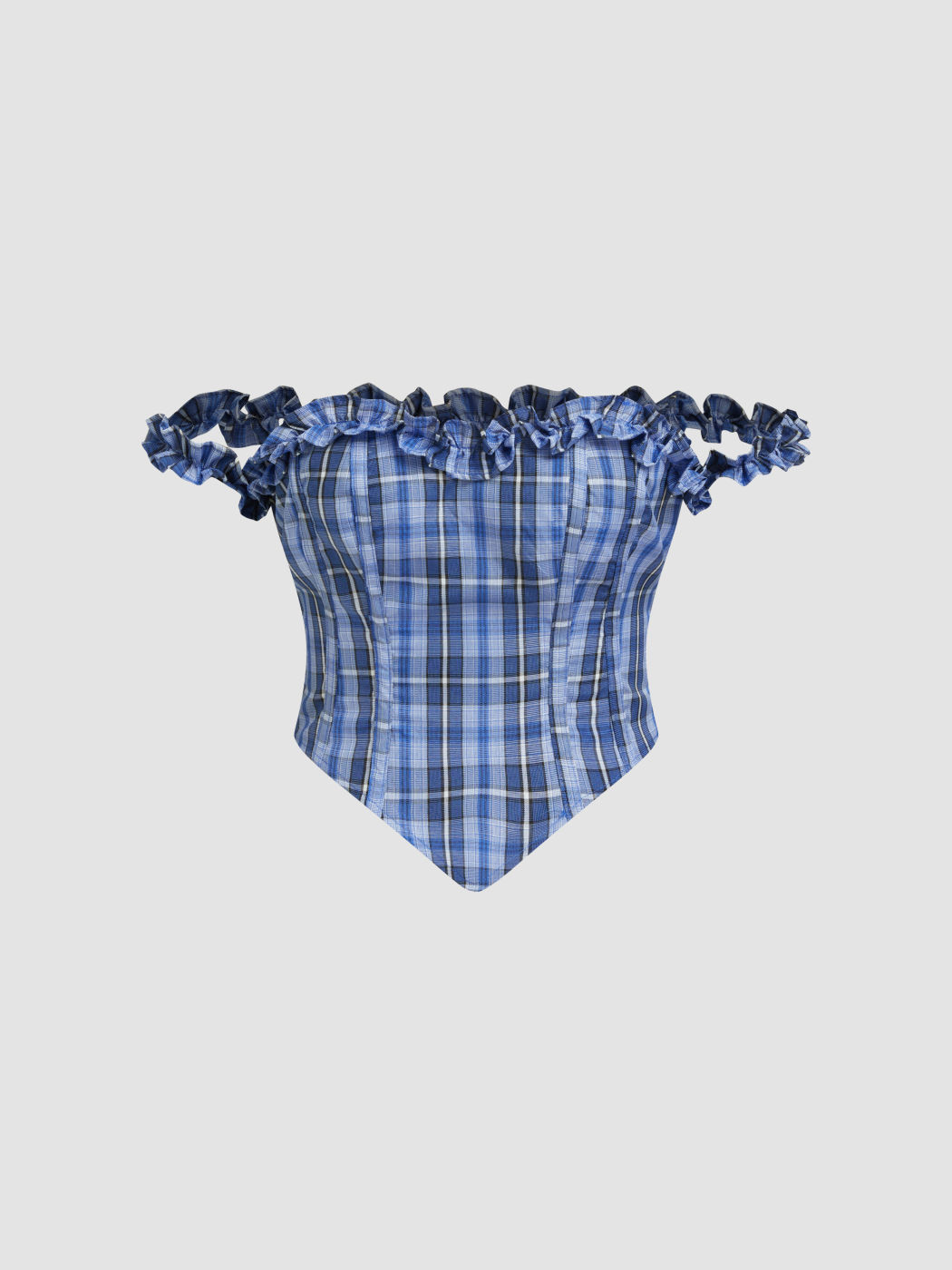 Off-shoulder Plaid Lettuce Trim Crop Top