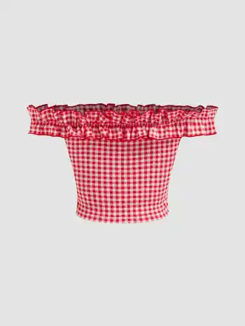 Off-shoulder Gingham Lettuce Trim Bandeau Crop Top