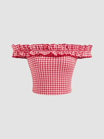 Off-shoulder Gingham Lettuce Trim Bandeau Crop Top