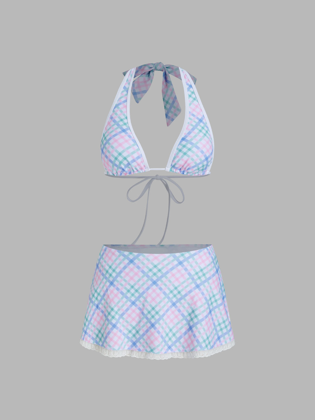 Halter Neckline Check Broderie Anglaise Trim Knotted Skirt Bikini Set