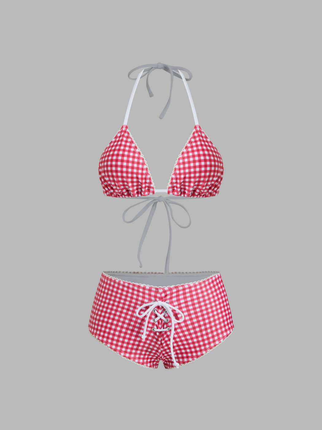Halter Neckline Gingham Lace Up Triangle Shorts Bikini Set