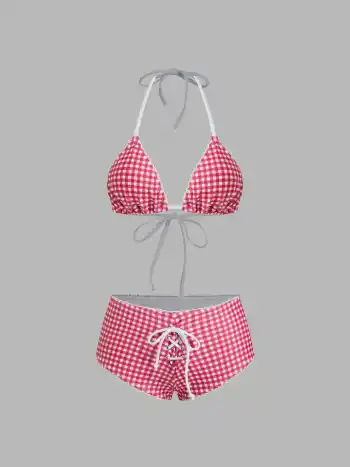 Bikini-Set mit Halterhalsausschnitt, Gingham-Muster und Schnürung an den Dreieckshorts