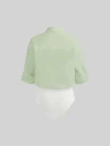 100% Cotton Collar Roll-up Sleeve Shirt Bodysuit