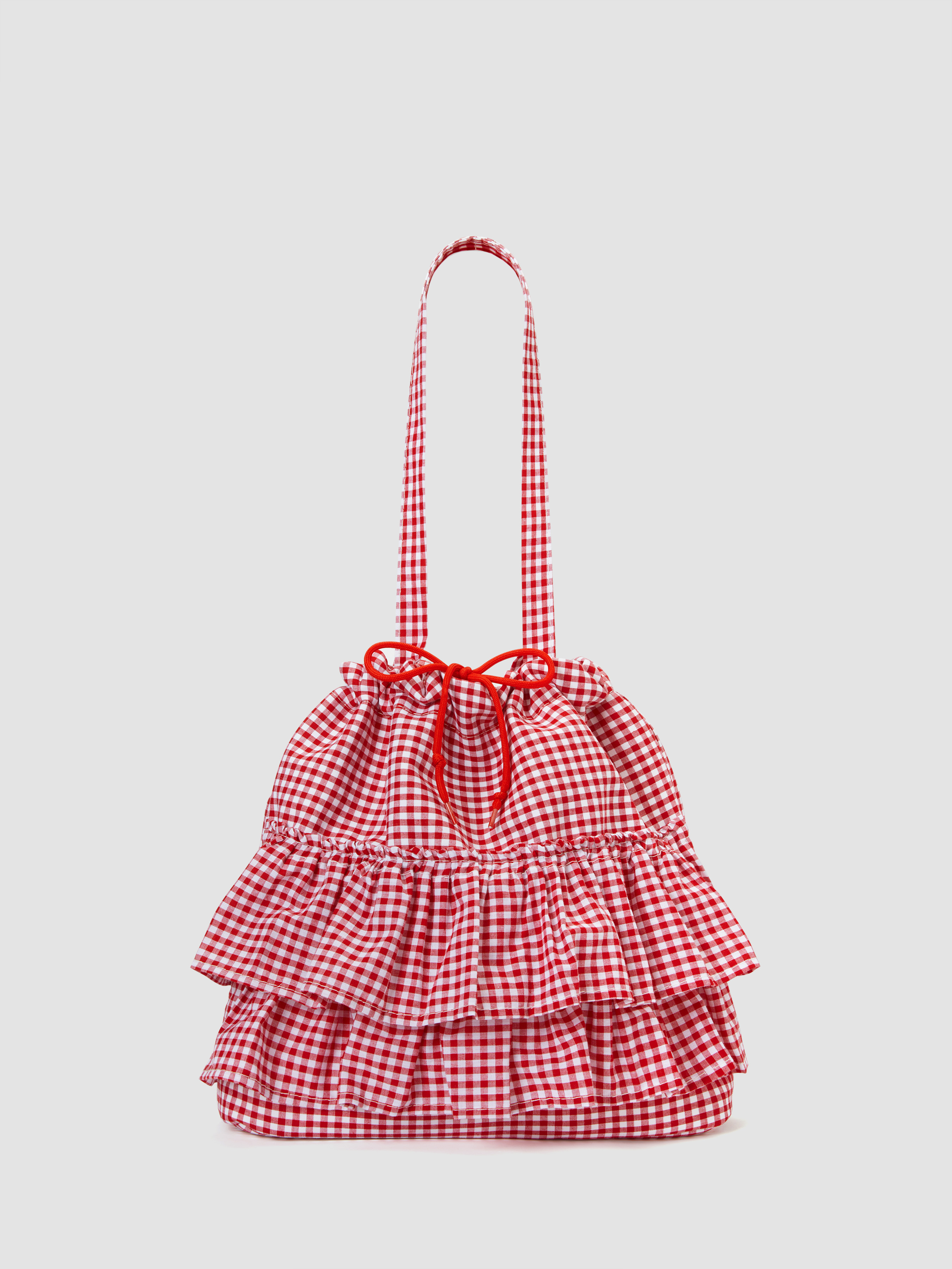 『Cider』GINGHAM DOUBLE LAYERED RUFFLE DRAWSTRING TOTE BAG Cotton Fabric GINGHAM DOUBLE LAYERED RUFFLE DRAWSTRING TOTE