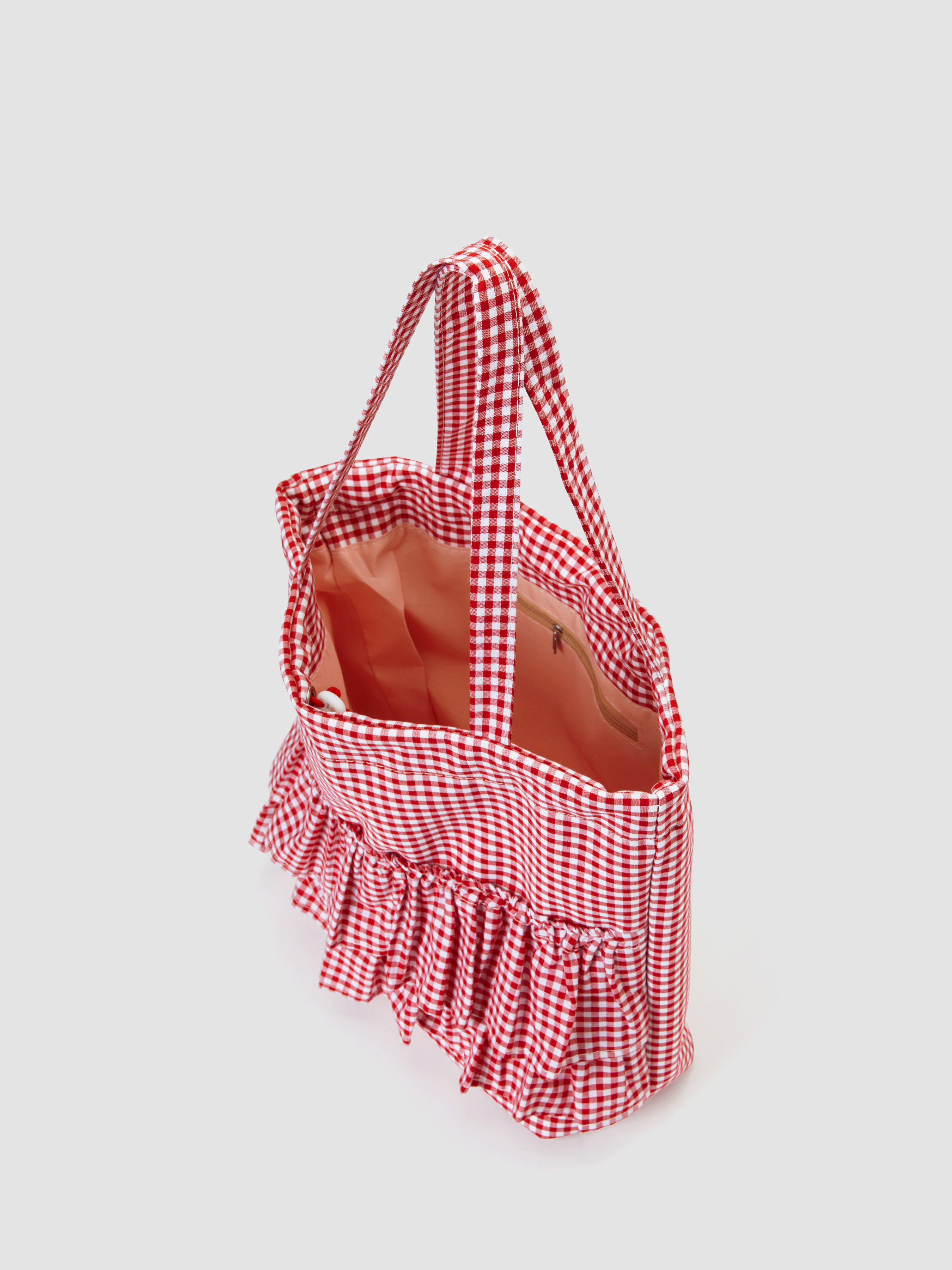 『Cider』GINGHAM DOUBLE LAYERED RUFFLE DRAWSTRING TOTE BAG Cotton Fabric GINGHAM DOUBLE LAYERED RUFFLE DRAWSTRING TOTE