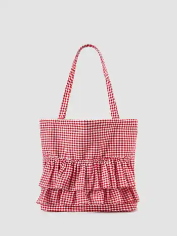 GINGHAM DOUBLE LAYERED RUFFLE DRAWSTRING TOTE BAG