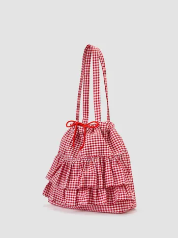 GINGHAM DOUBLE LAYERED RUFFLE DRAWSTRING TOTE BAG