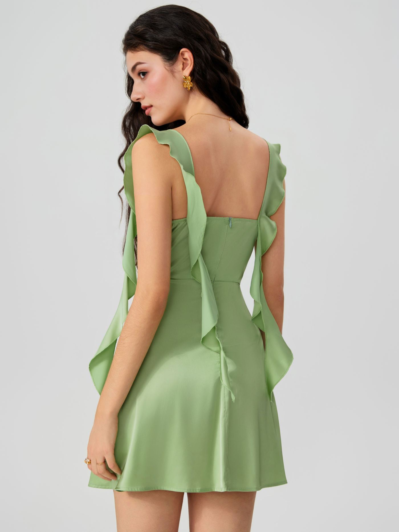 Satin Ruched Ruffle Hem Mini Dress