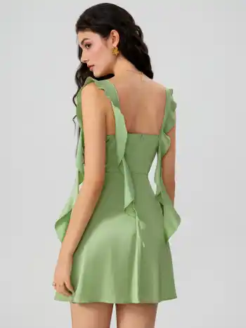 Satin Ruched Ruffle Hem Mini Dress