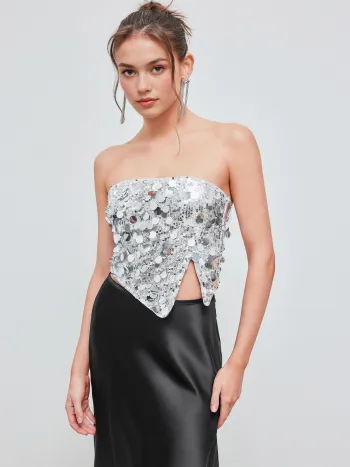 Sequined Asymmetrisch Geteilter Röhren-Crop Top