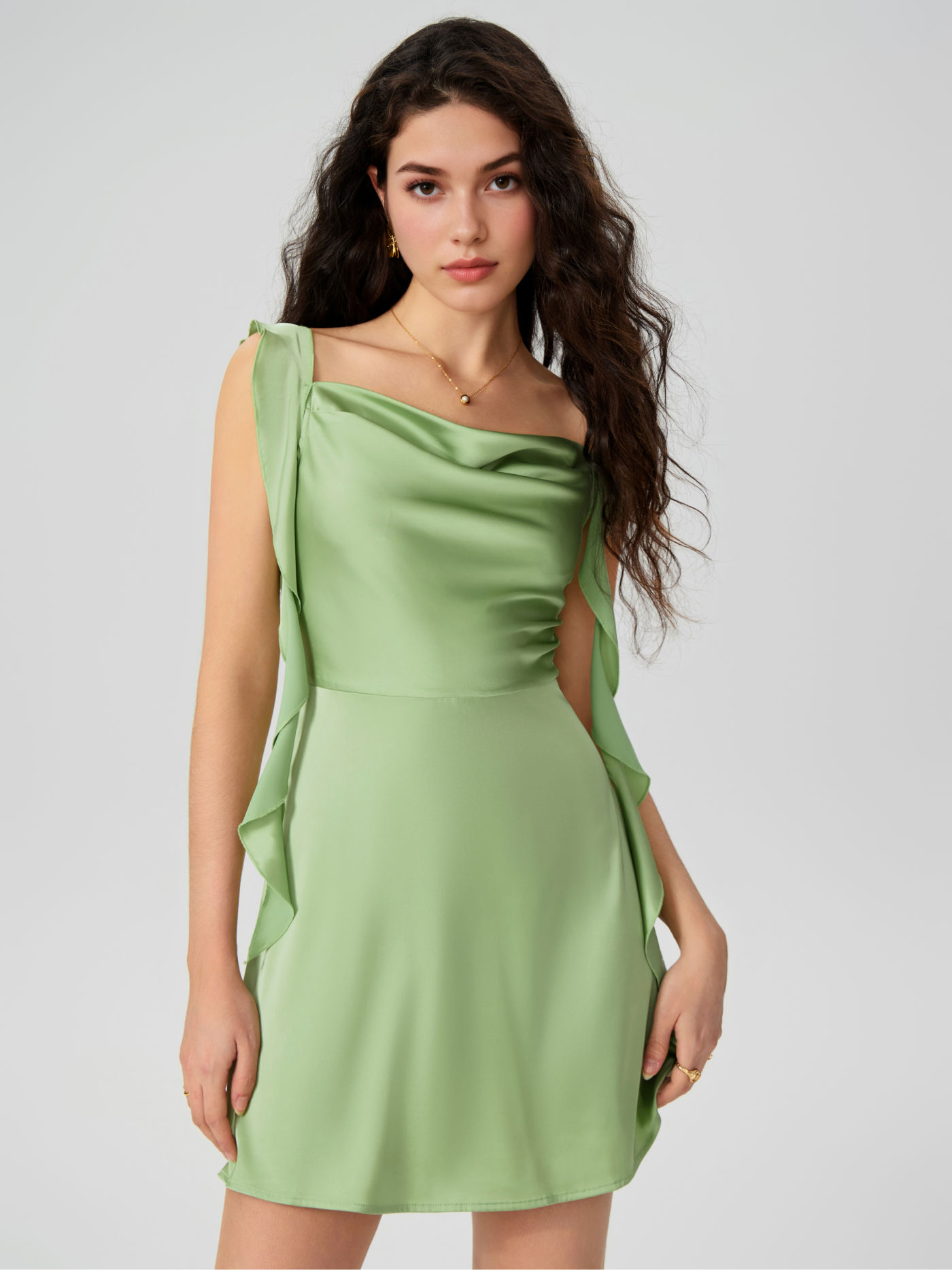 Satin Ruched Ruffle Hem Mini Dress