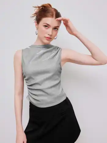 Round Neck Ruched Glitter Asymmetrical Tank Top