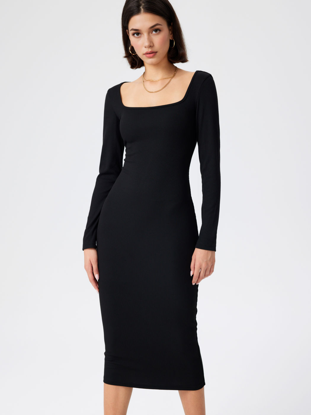 Solid Square Neck Long Sleeve Midi Dress