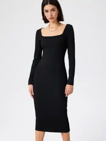 Solid Square Neck Long Sleeve Midi Dress