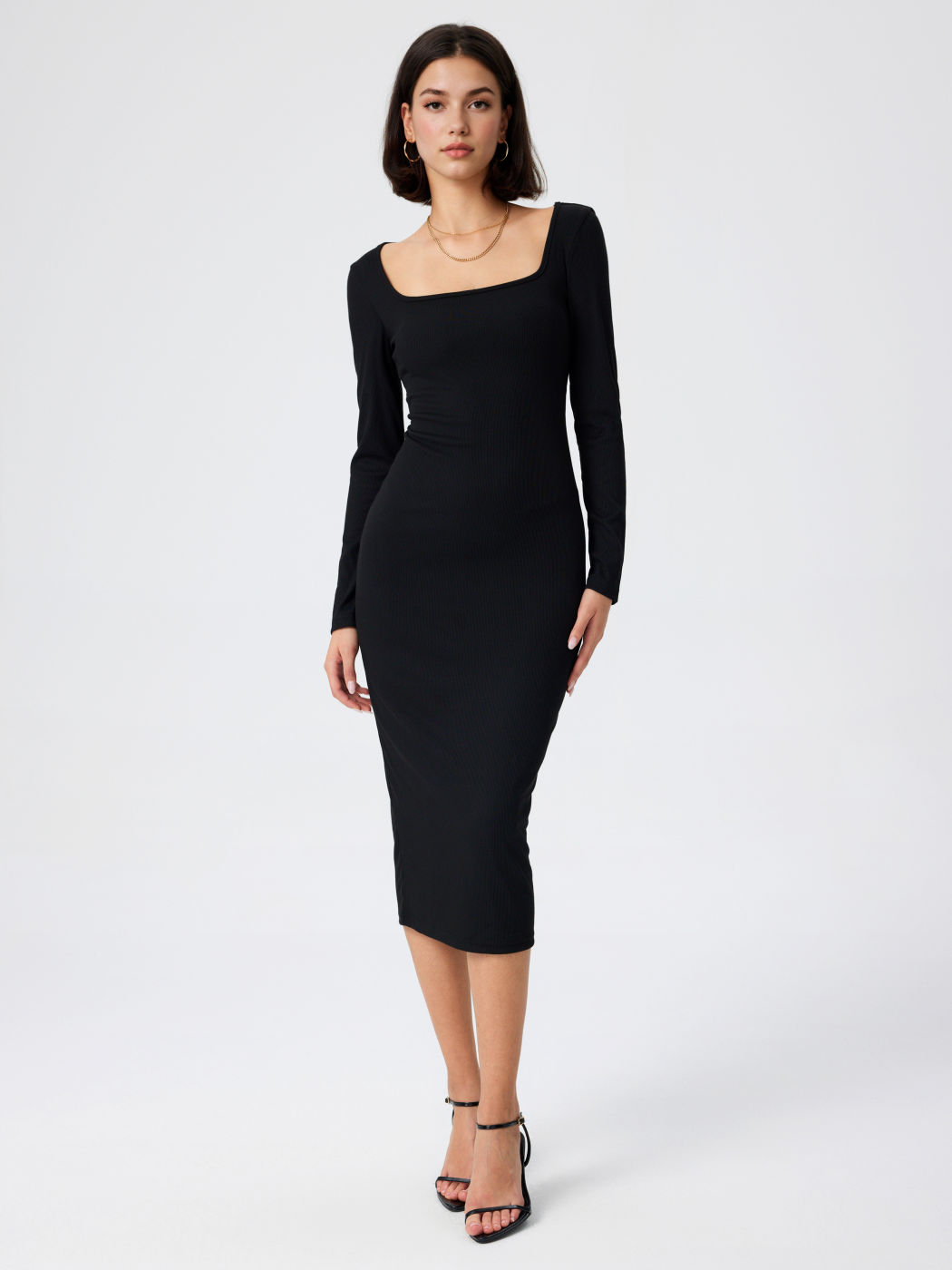 Solid Square Neck Long Sleeve Midi Dress