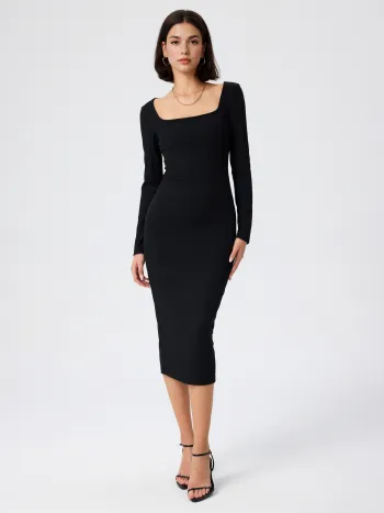 Solid Square Neck Long Sleeve Midi Dress