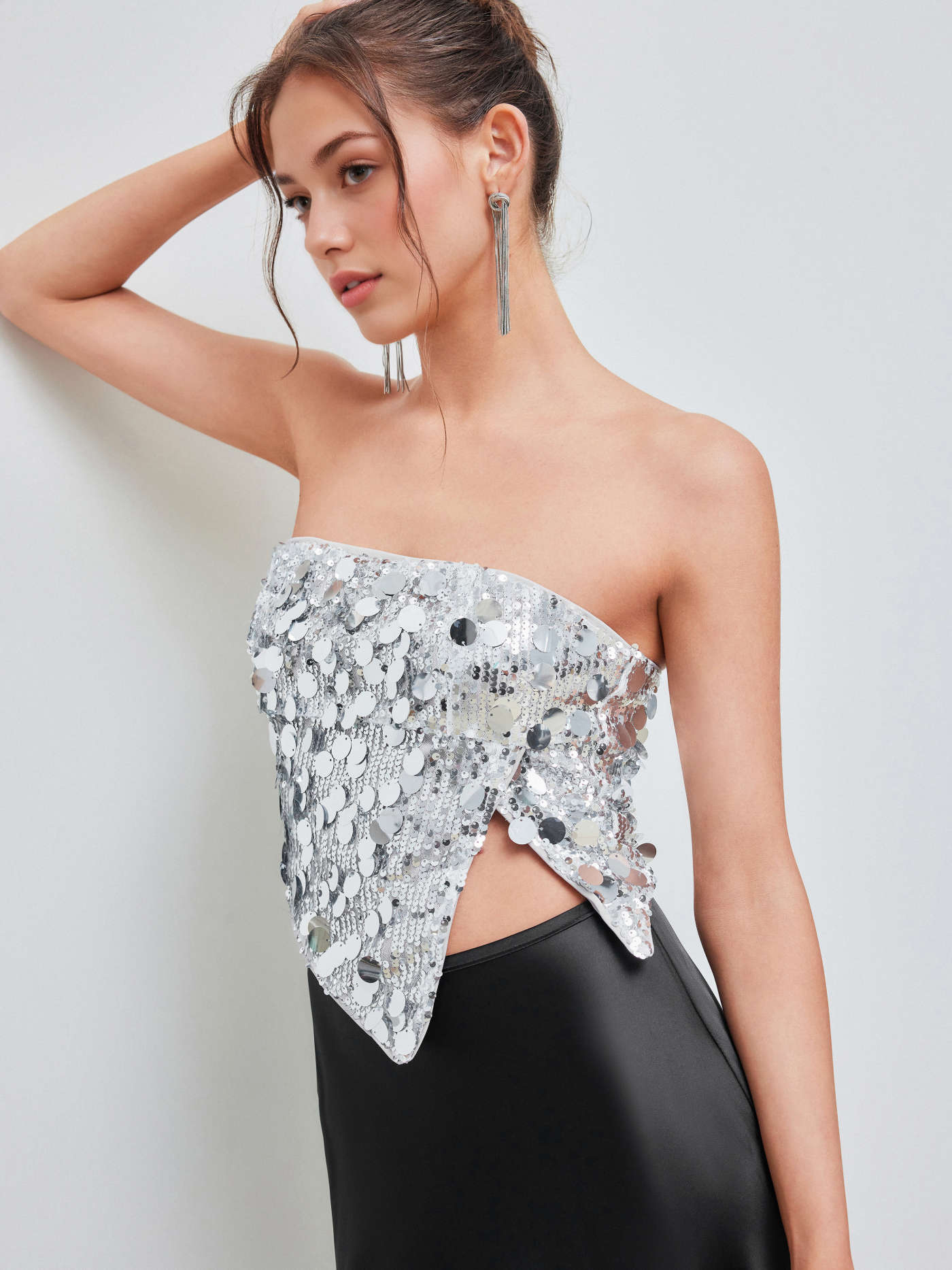 Sequin Asymmetrical Split Tube Crop Top