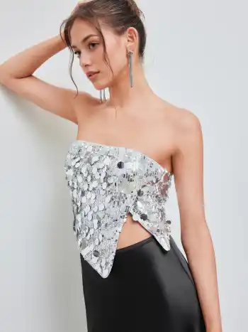 Sequin Asymmetrical Split Tube Crop Top