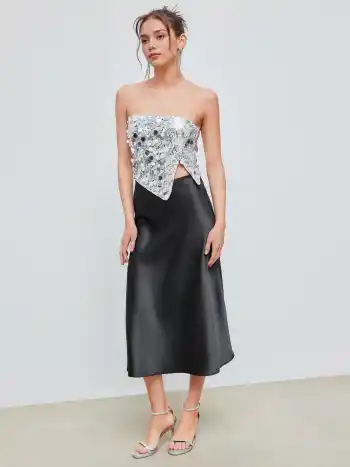 Sequined Asymmetrisch Geteilter Röhren-Crop Top