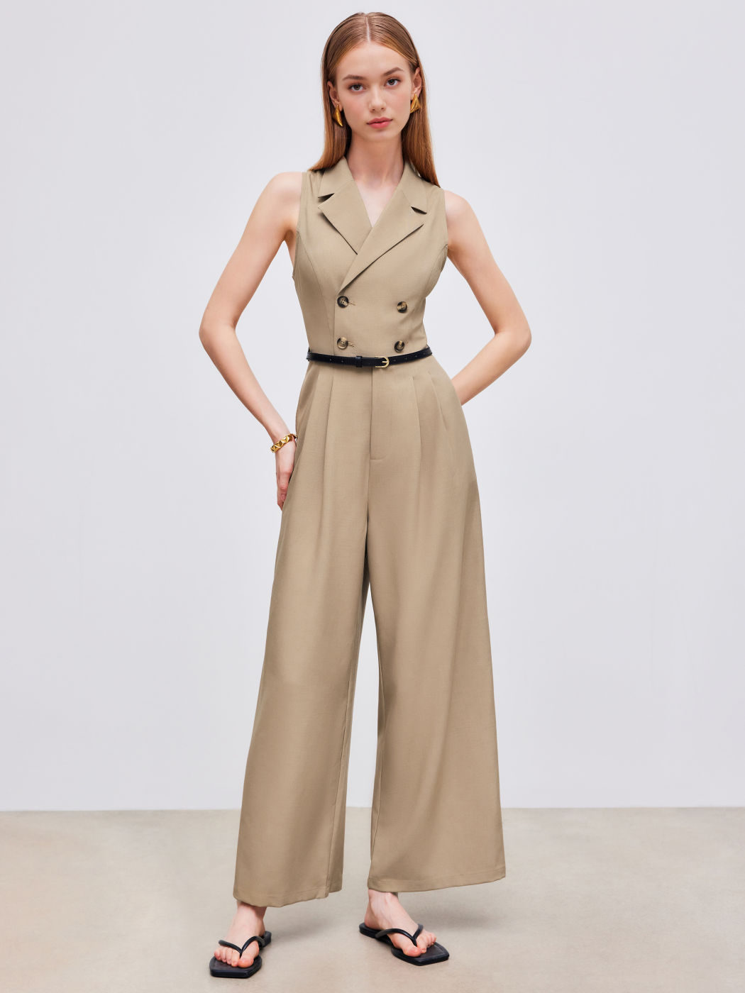 Collar Solid Button Jumpsuit With Belt