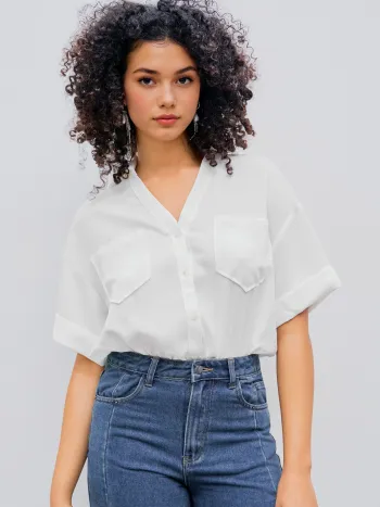 Collar Solid Short Sleeve Shirt Bodysuit
