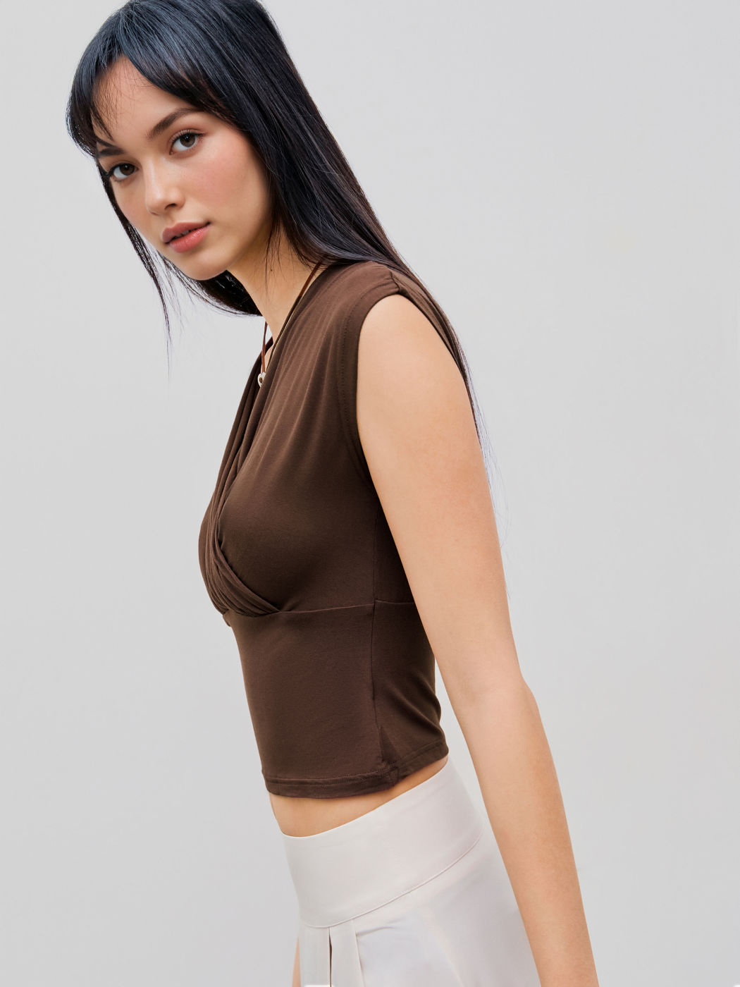 V-neck Solid Wrap Ruched Crop Tank Top