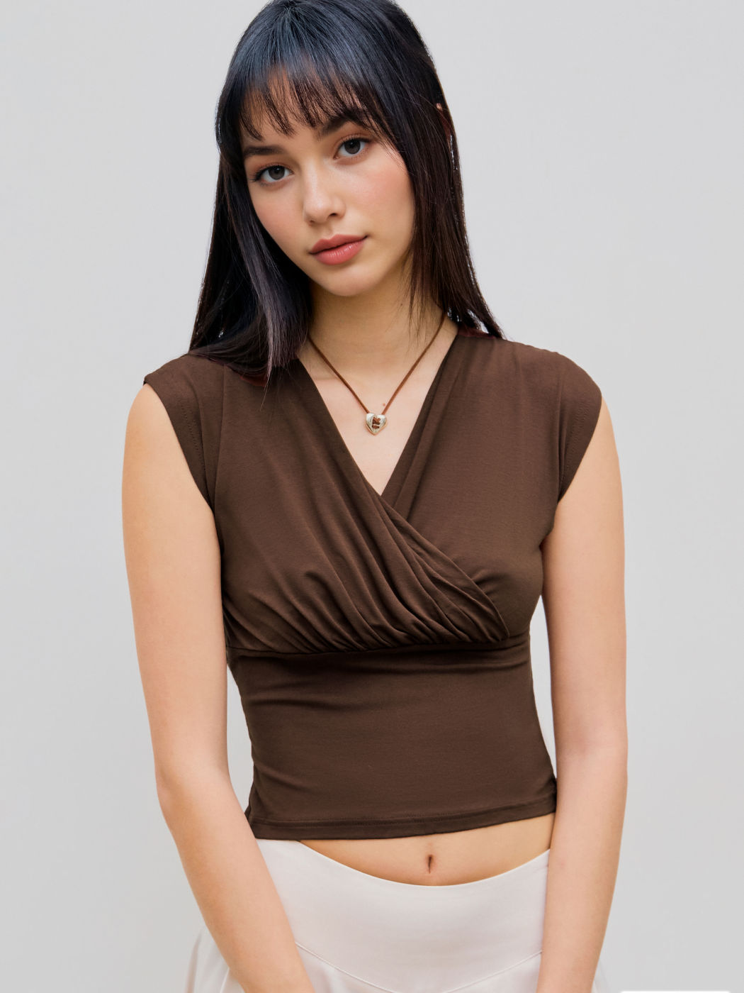 V-neck Solid Wrap Ruched Crop Tank Top