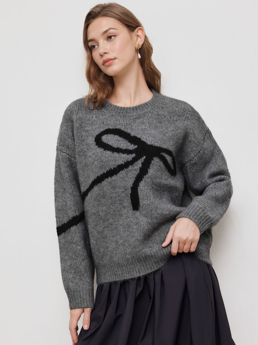 Knit Round Neckline Bowknot Oversized Sweater