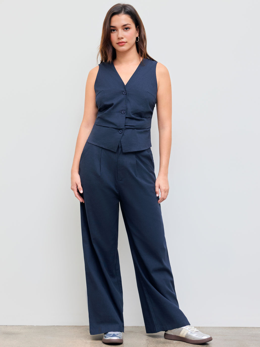 Cotton-blend V-neck Solid Button Vest & Mid Rise Pocket Wide Leg Trousers
