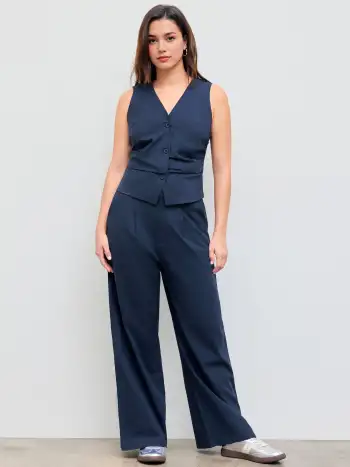 V-neck Stripe Button Tank Top & Mid Rise Pocket Straight Leg Trousers Set