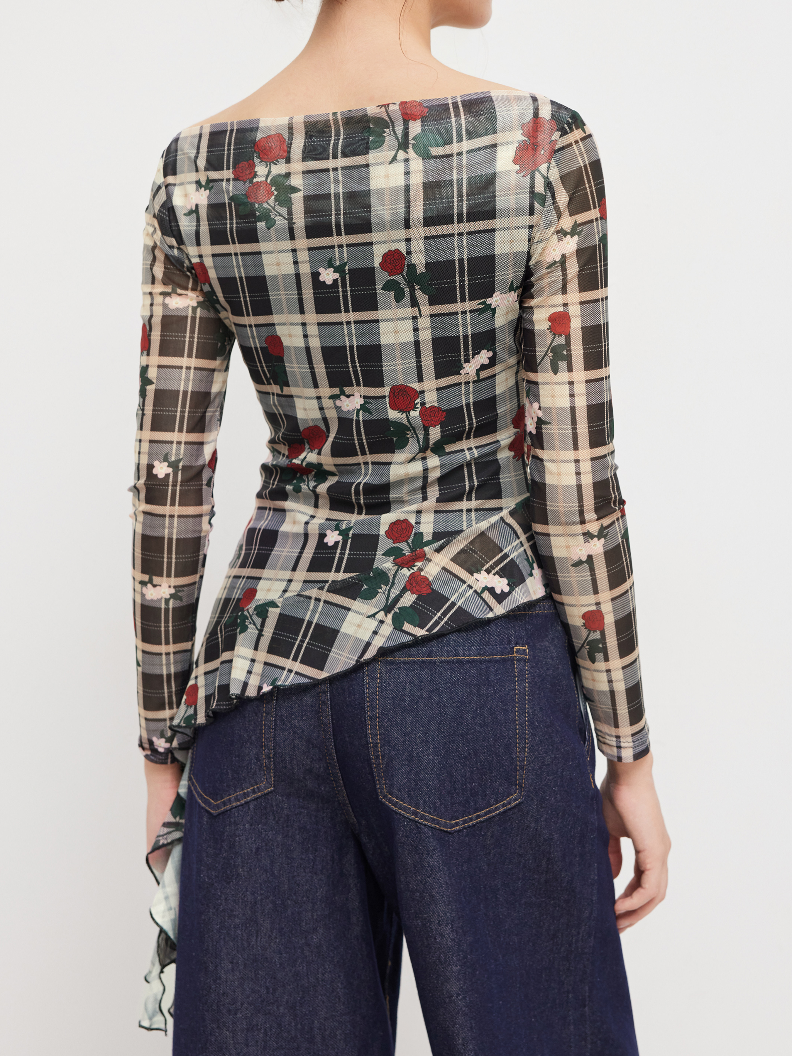 Mesh Boat Neck Rose Plaid Ruffle Hem Top