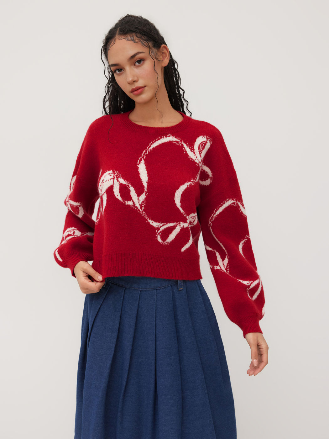 Knitted Bowknot Graphic Oversized Sweater