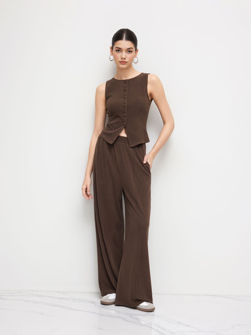 Boat Neck Waistcoat & Mid Rise Elastic Waist Wide Leg Trousers Set