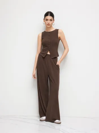 Boat Neck Waistcoat & Mid Rise Elastic Waist Wide Leg Trousers Set