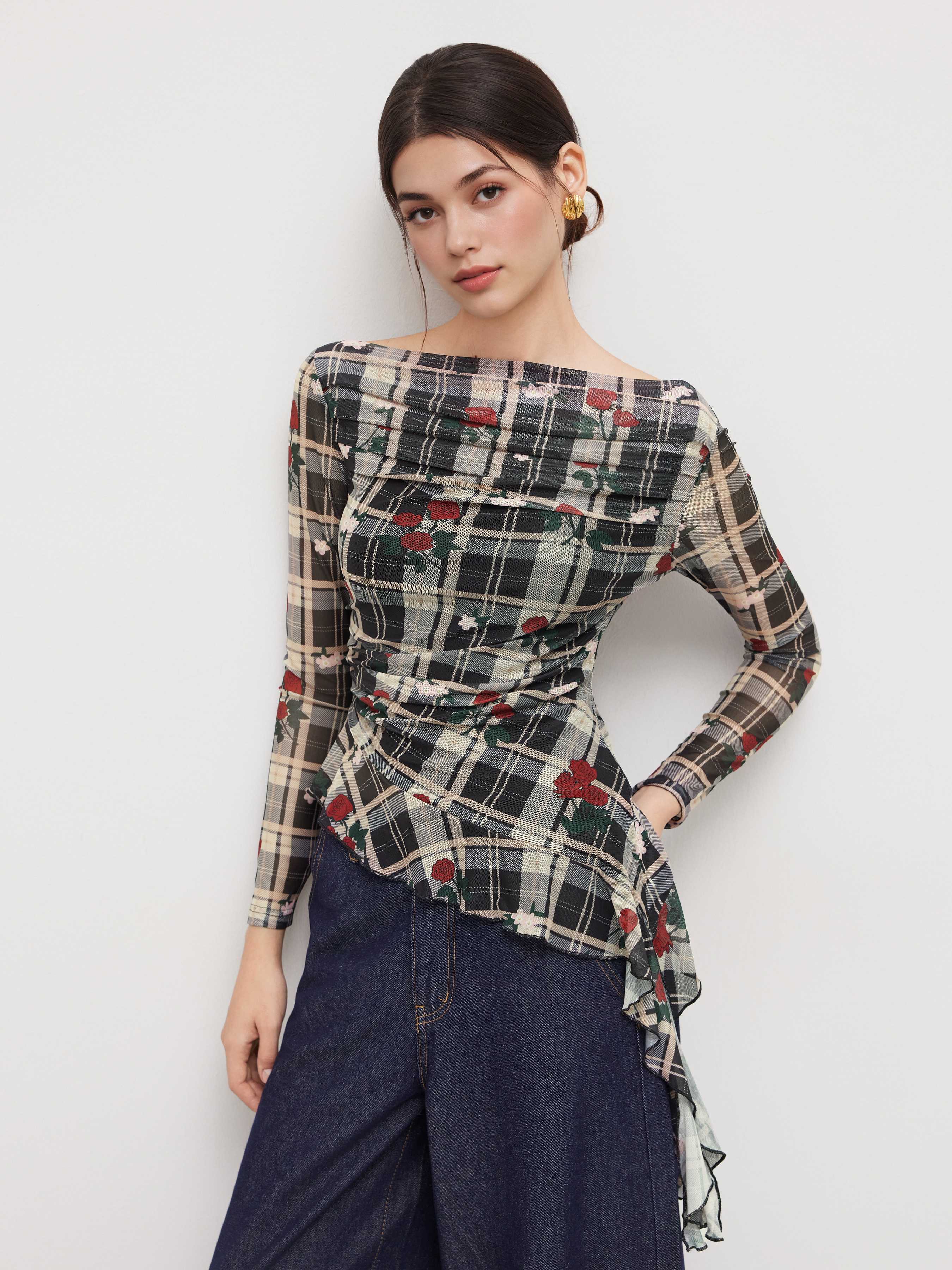 Mesh Boat Neck Rose Plaid Ruffle Hem Top
