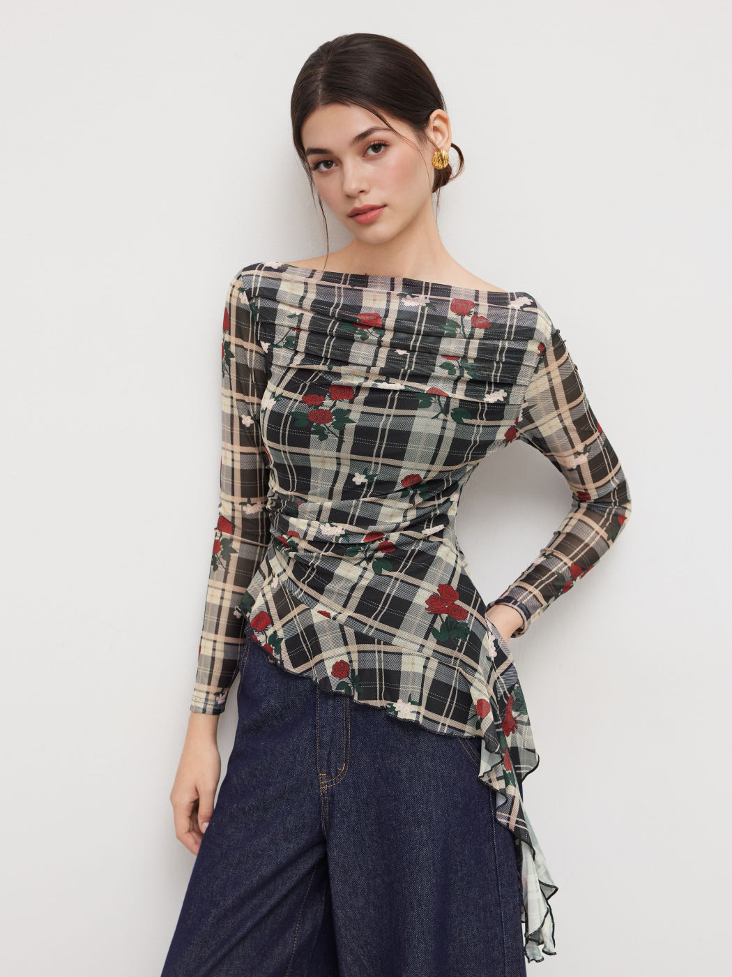 Mesh Boat Neck Rose Plaid Ruffle Hem Top