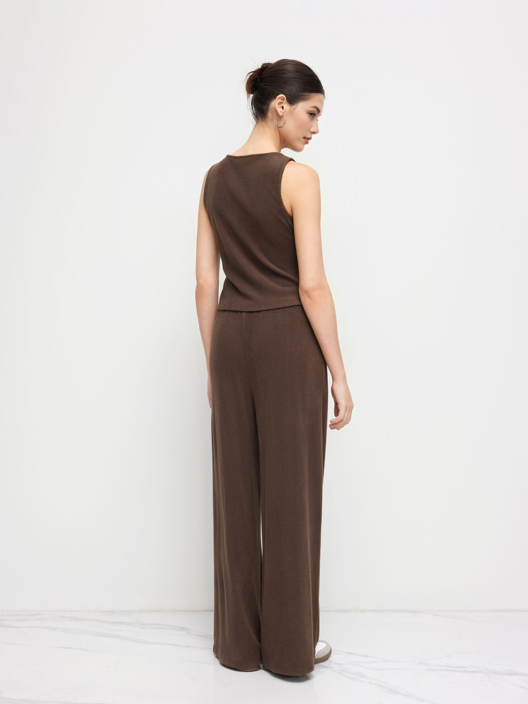 Boat Neck Waistcoat & Mid Rise Elastic Waist Wide Leg Trousers Set