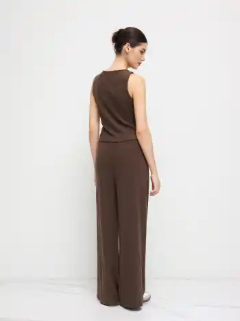 Boat Neck Waistcoat & Mid Rise Elastic Waist Wide Leg Trousers Set