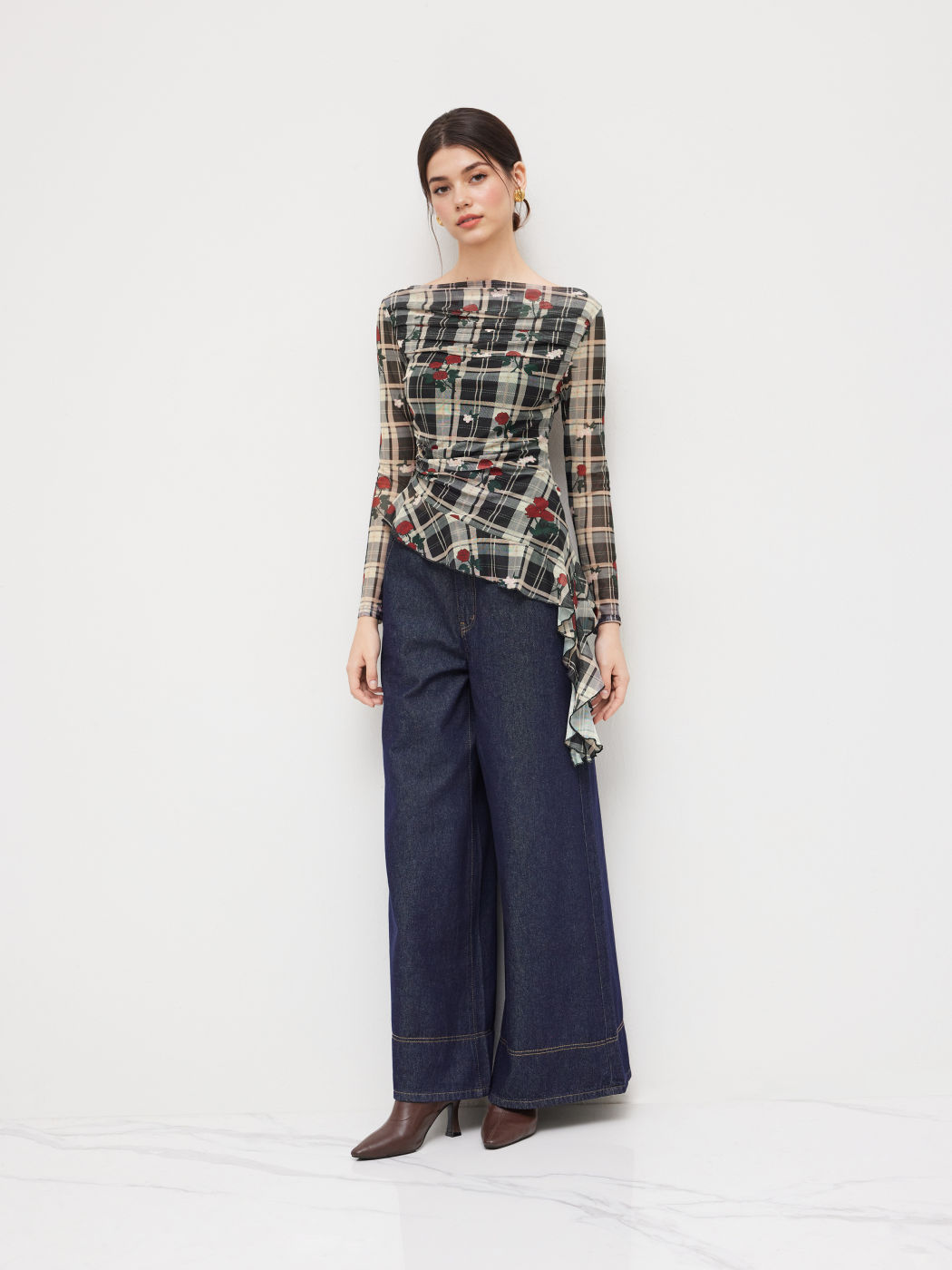 Mesh Boat Neck Rose Plaid Ruffle Hem Top
