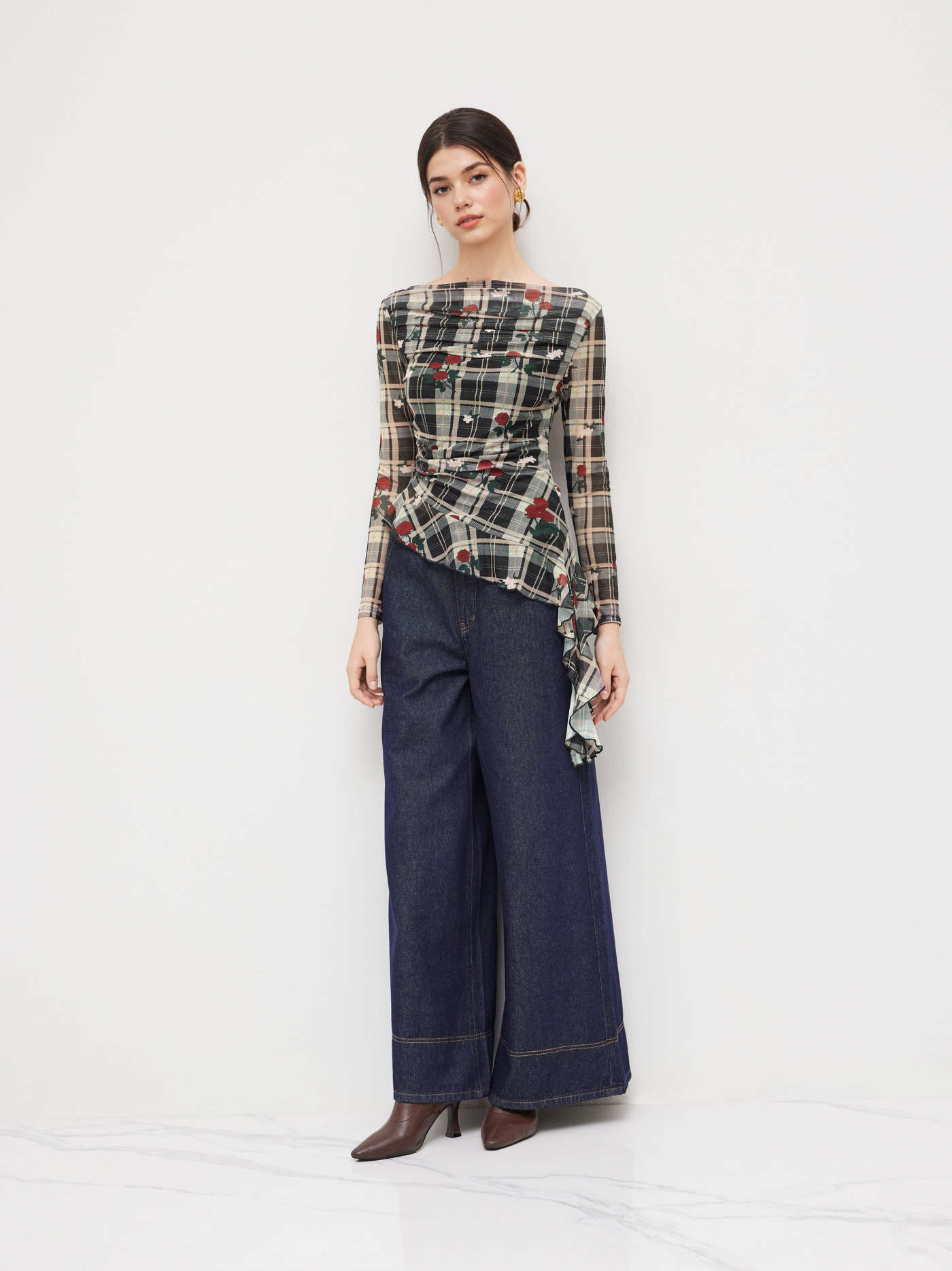 Mesh Boat Neck Rose Plaid Ruffle Hem Top