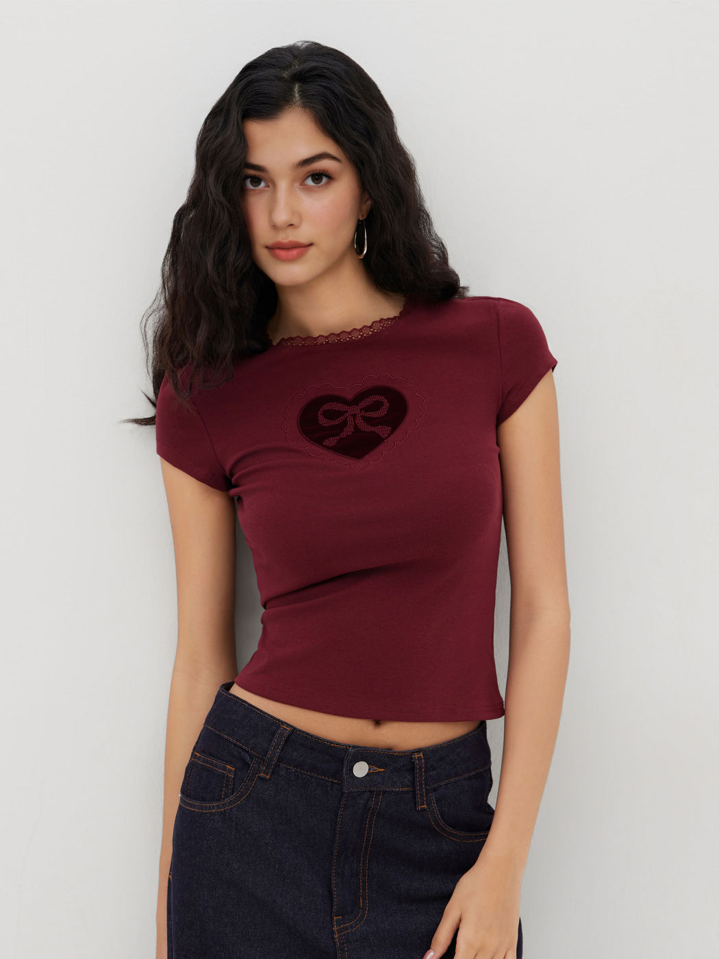 Cotton-blend Bowknot Heart Lace Trim Ruched Tee