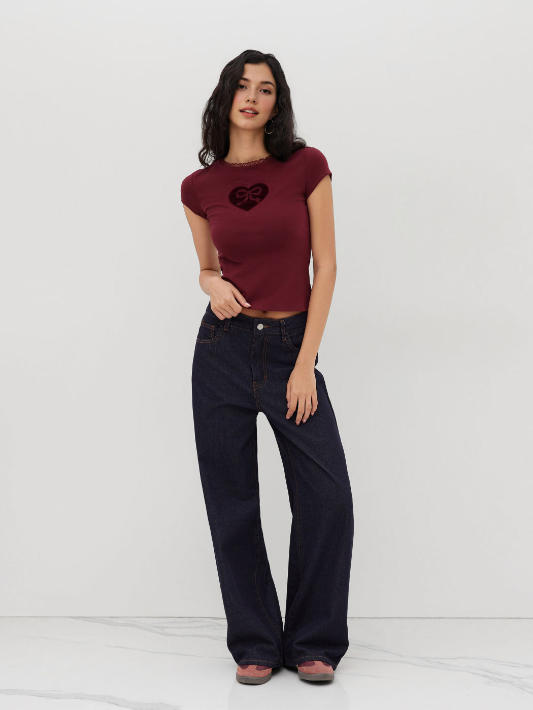 Cotton-blend Bowknot Heart Lace Trim Ruched Tee