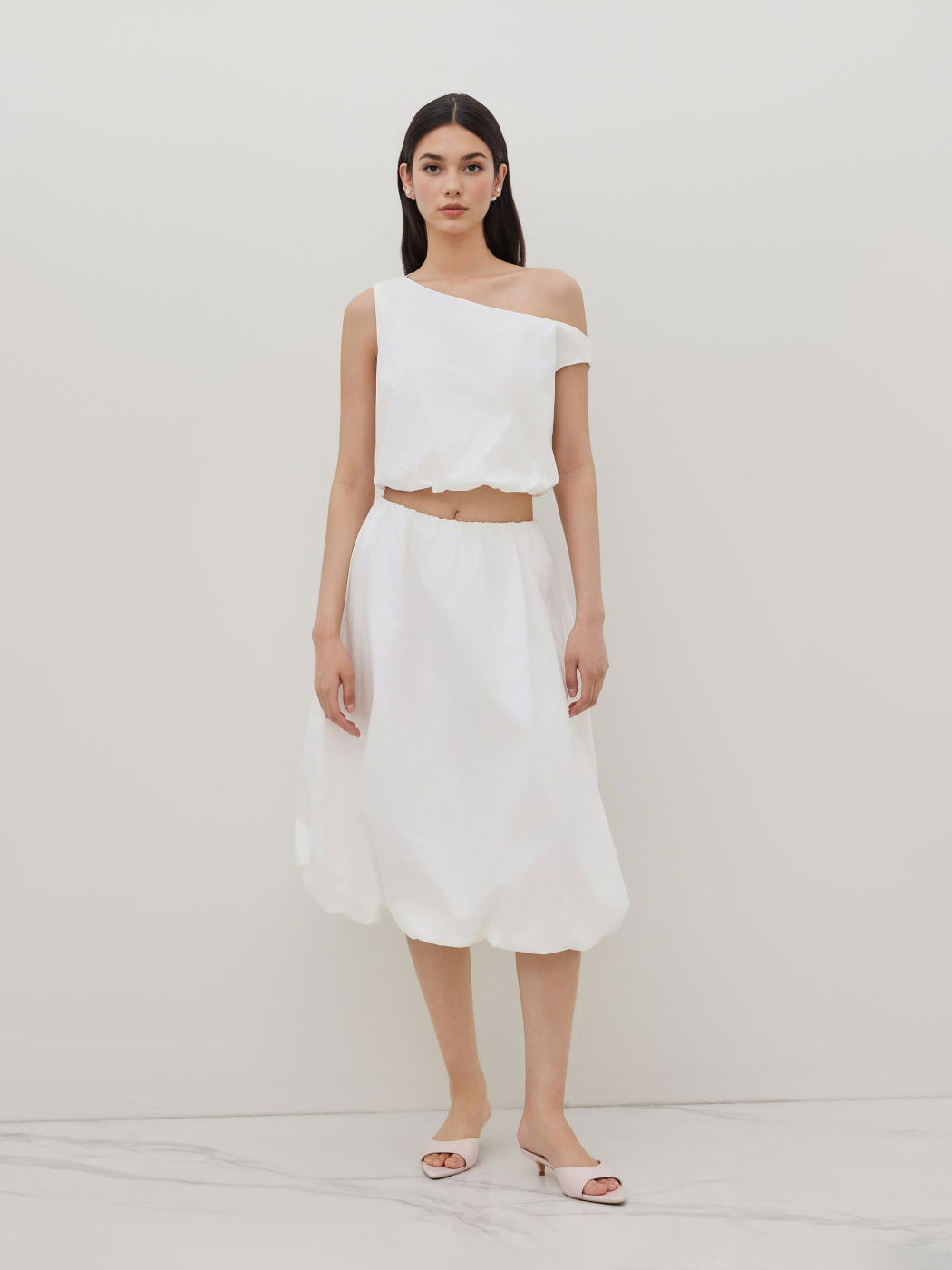 Cotton Mid Rise Elastic Waist Bubble Hem Midi Skirt